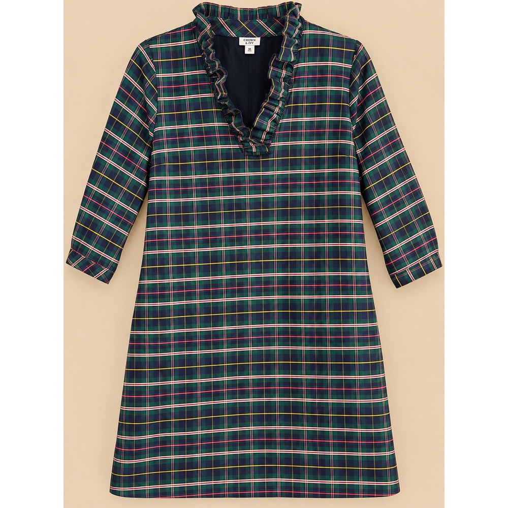 Crown & Ivy Navy Plaid Party Ruffle Neck Shift Dress XL NWT Holiday